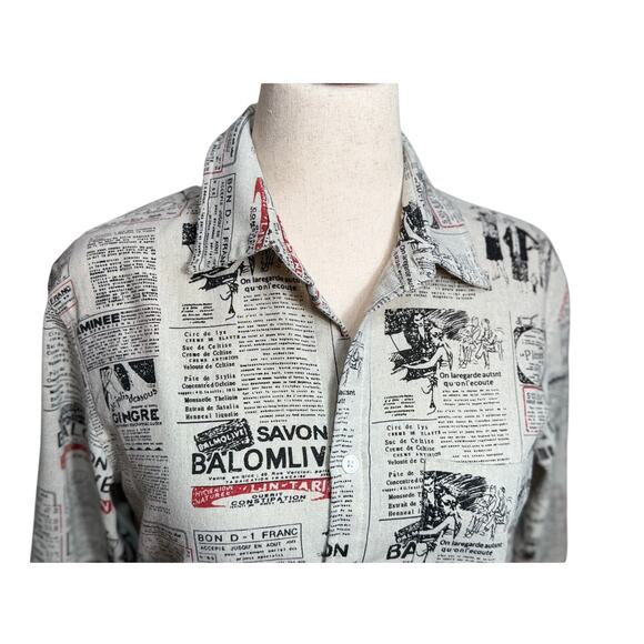 Temptation shirt French newsprint linen blend long sleeve button up blouse Sz M - Picture 2 of 9